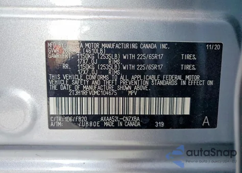 2021 Toyota Rav4 Le z USA, uszkodzony, nr VIN 2T3H1RFV0MC104675